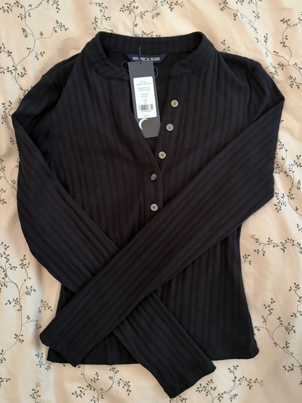 Veronica Beard Black Ribbed Long-Sleeve Henley Top